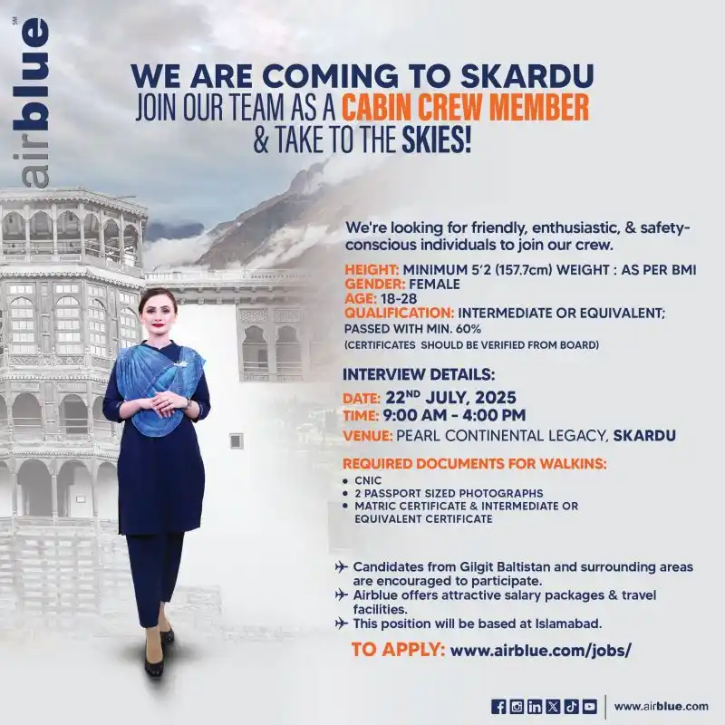 Airblue Cabin Crew Skardu Jobs 2025 Advertisement