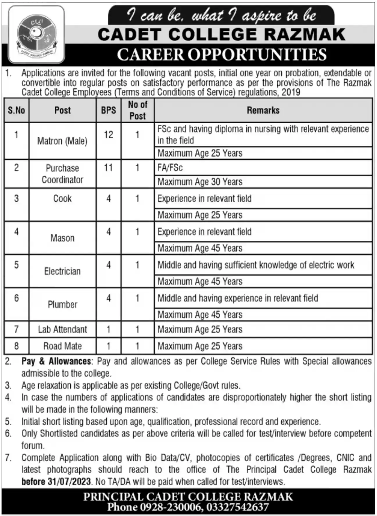 Cadet College Razmak Jobs 2025