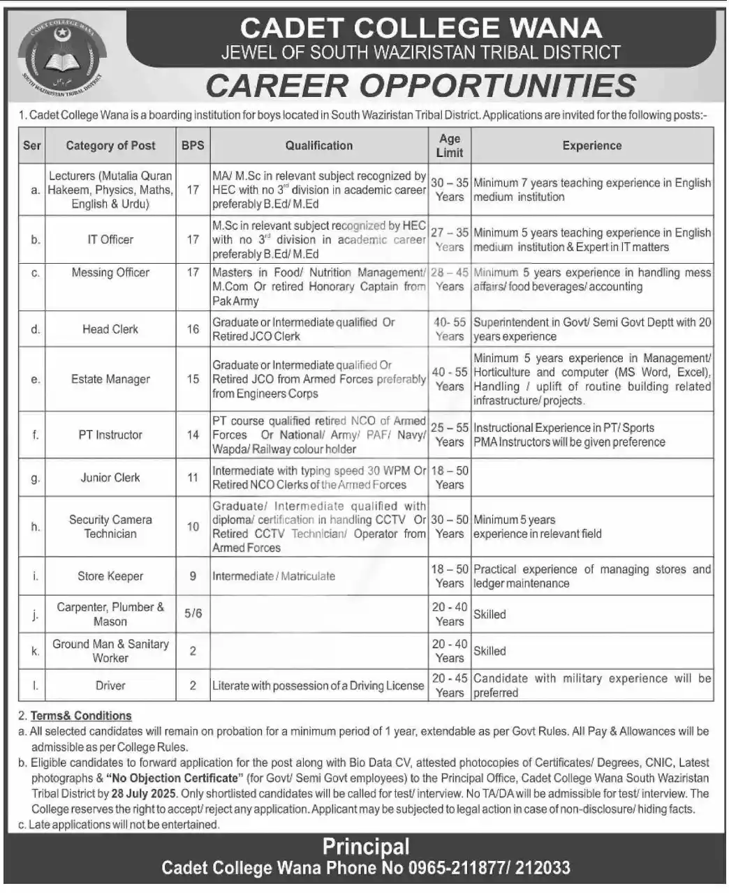 Cadet College Wana Careers 2025 ad