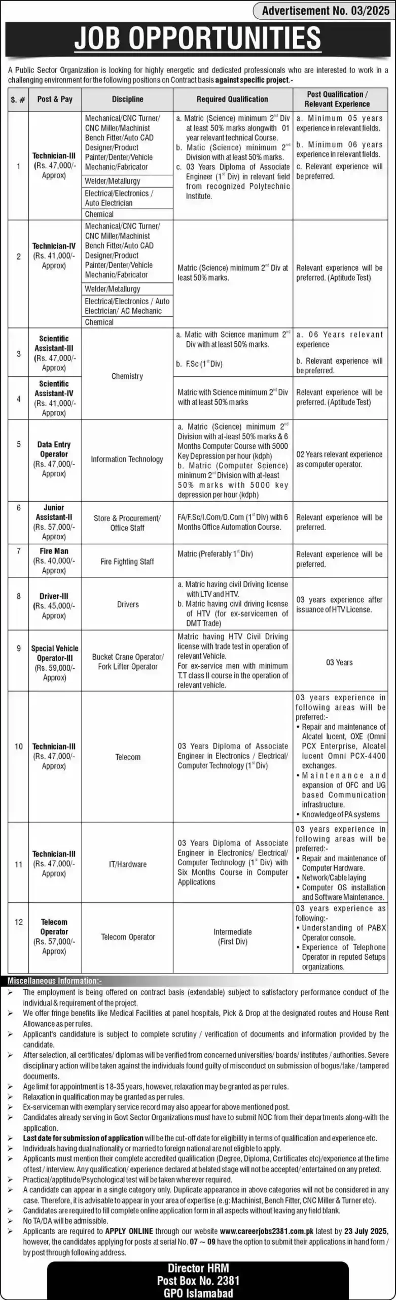 Career Opportunities in Public Sector Organization 2025 Advertisement
