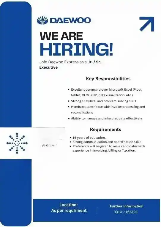 Daewoo Pakistan Jobs JrSr Executive 2025 ad