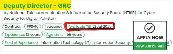 Deputy Director GRC Jobs 2025 Advertisement