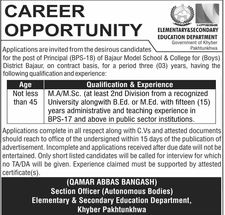 ESED Principal Jobs 2025 Advertisement