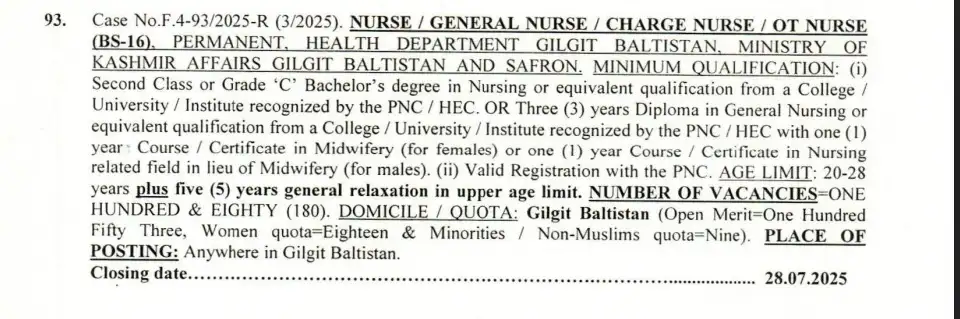FPSC Nursing Jobs 2025 Advertisement