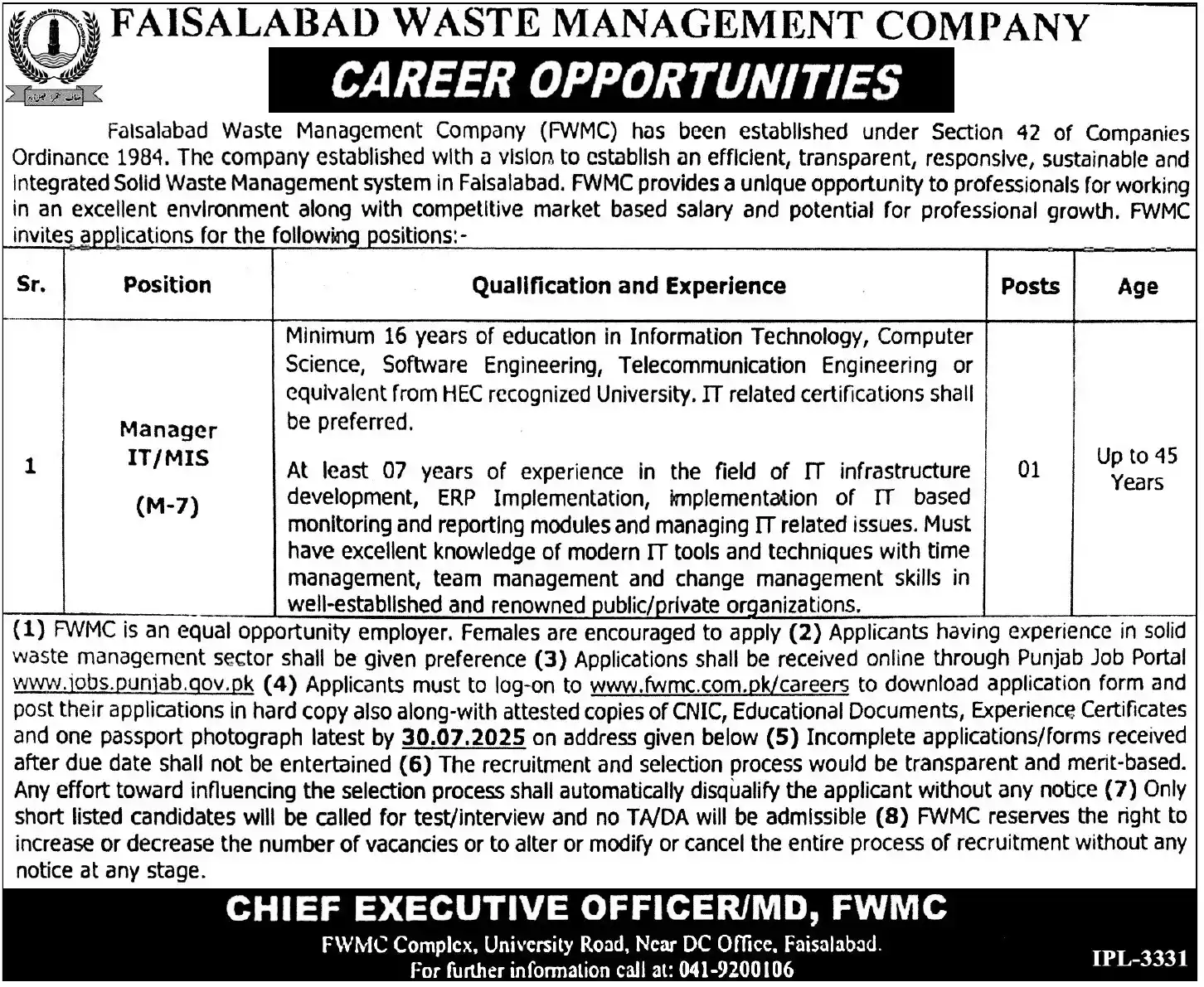 FWMC Faisalabad Jobs 2025 Advertisement