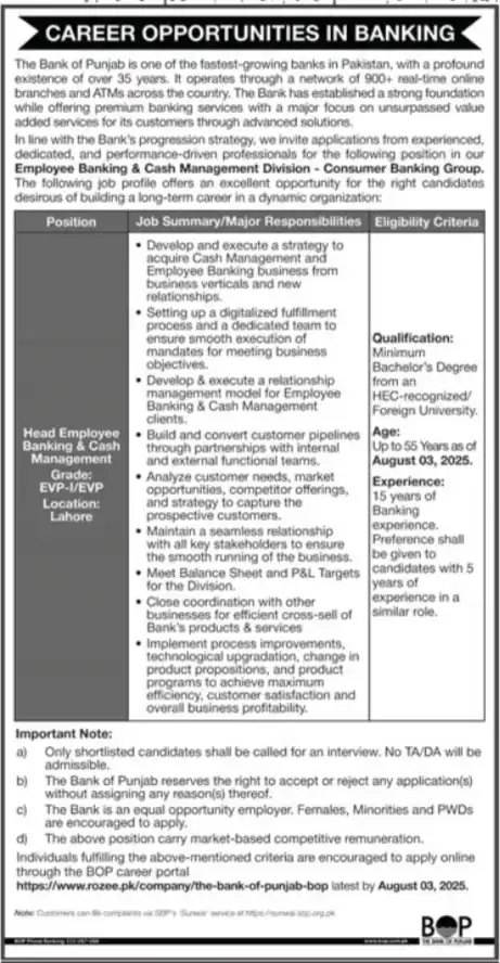 Head Employee Banking Cash Jobs At BOP 2025 Advertisement