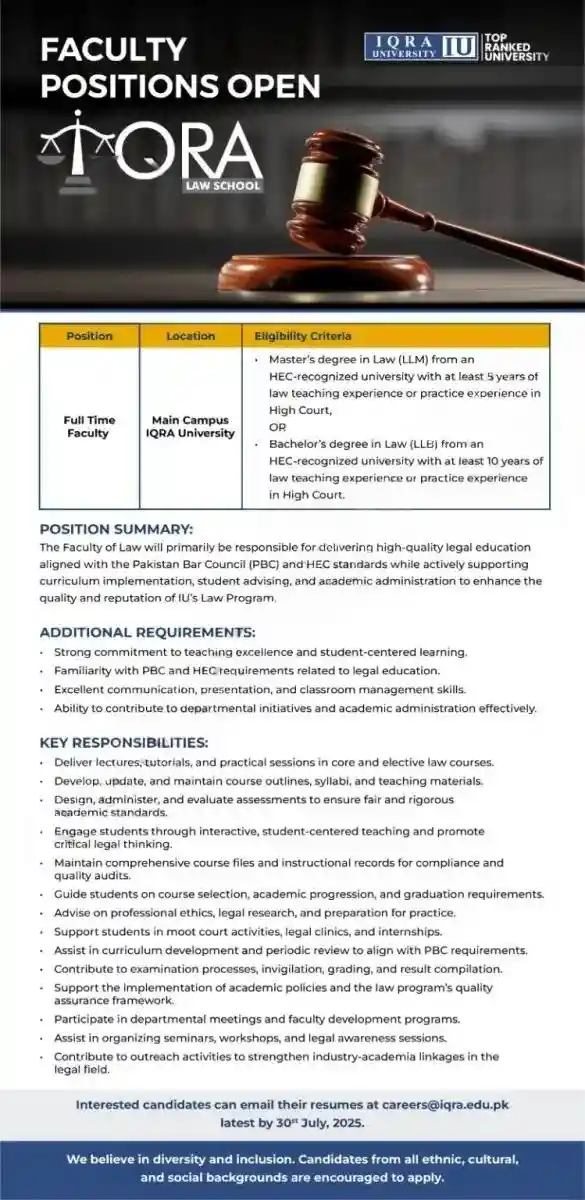 Iqra University IU Jobs July 2025 ad
