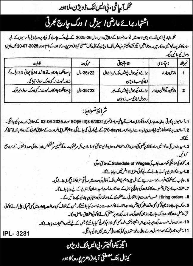 Irrigation Department Lahore Careers 2025 Advertisement