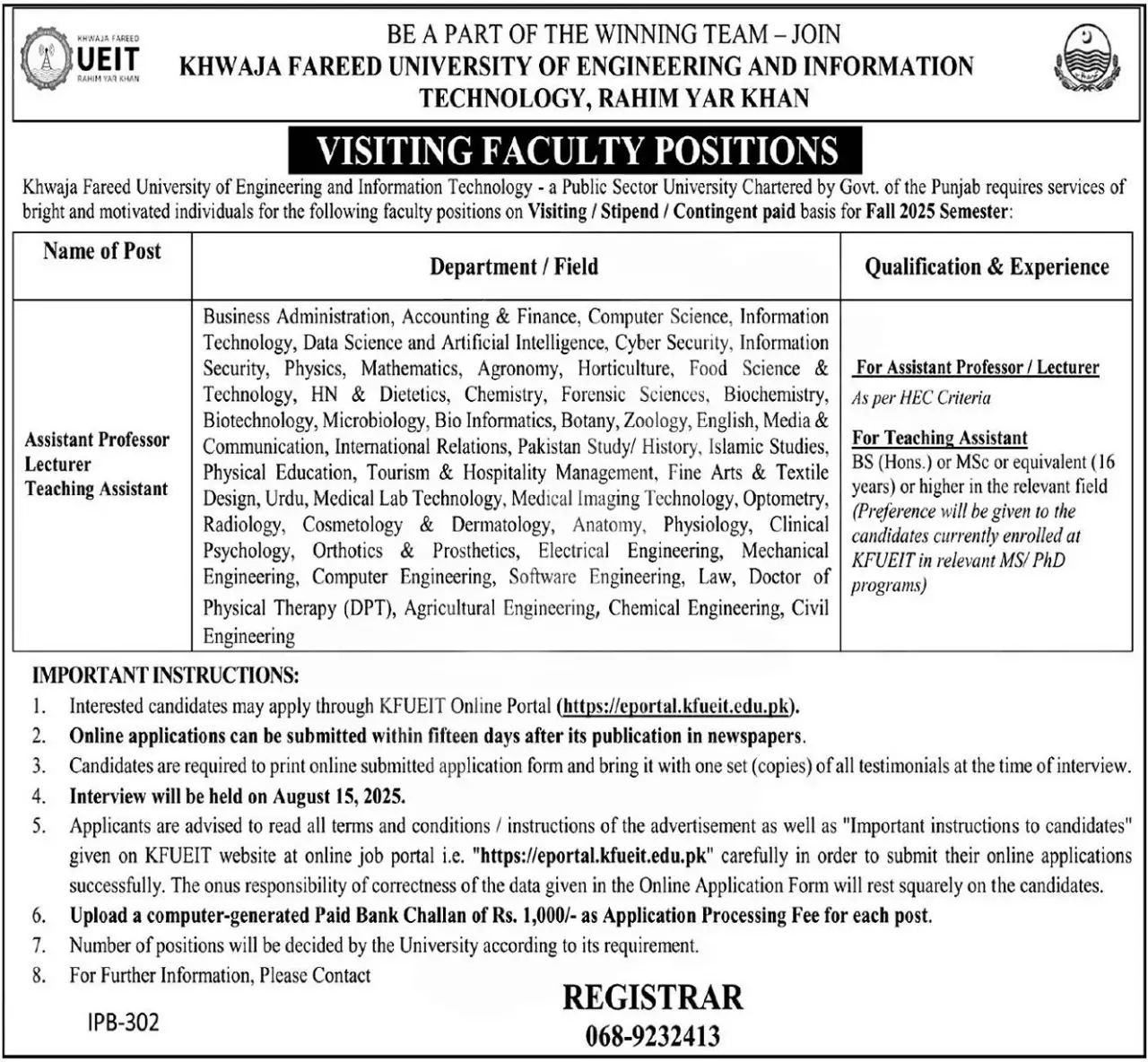KFUEIT Jobs 2025 Advertisement