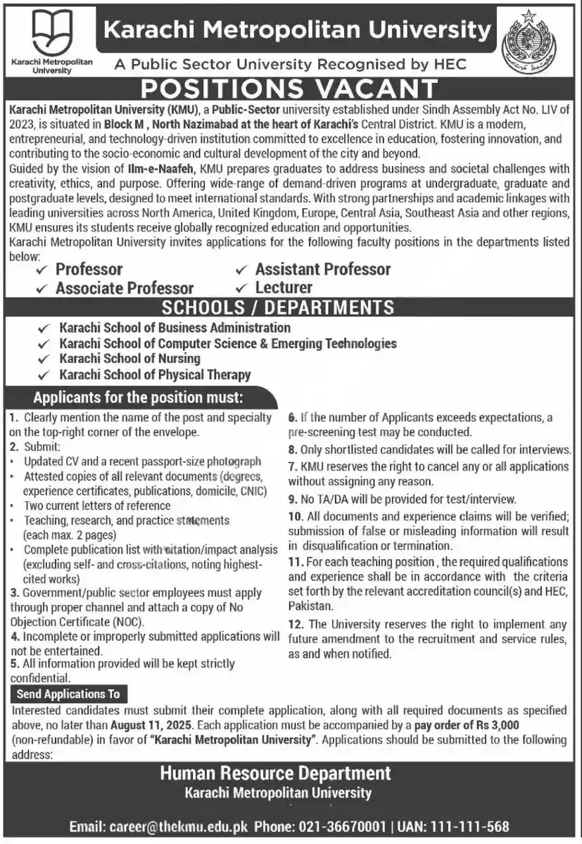 Karachi Metropolitan University Jobs July 2025 ad