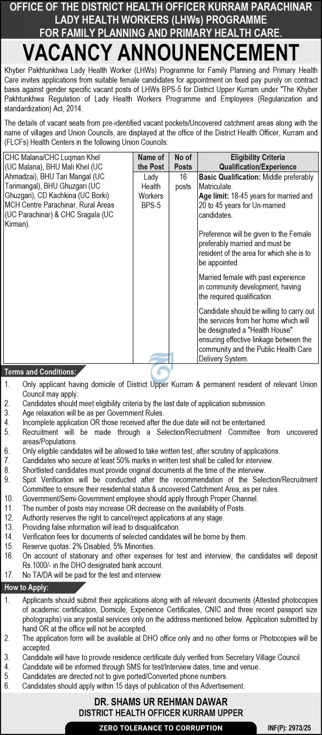Lady Health Worker Jobs at DHO 2025 Advertisement
