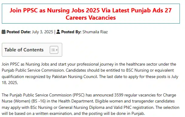 Latest Charge Nurse Jobs in Pakistan 2025 