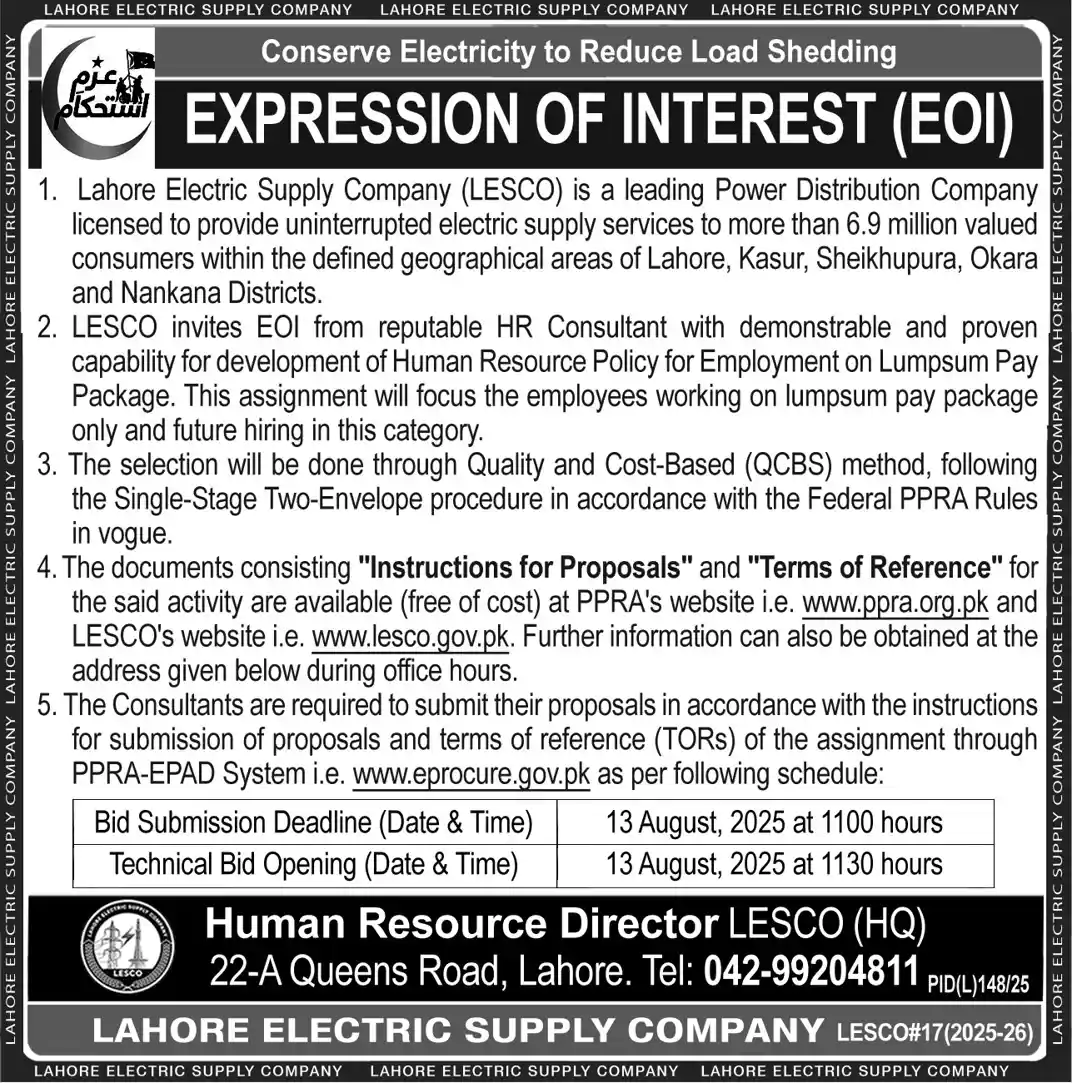 Lahore Electric Supply Company LESCO Jobs 2025 Today Advertisement