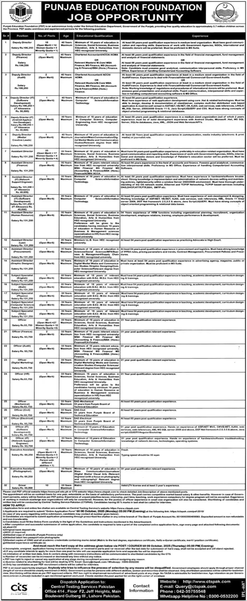 PEF Lahore Jobs 2025 Today Advertisement