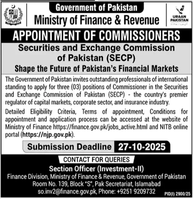 Security and Exchange Commission of Pakistan SECP Jobs in October 2025 Today Advertisement