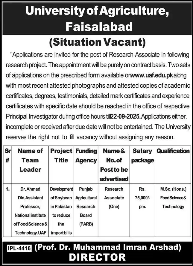 University of Agriculture Faisalabad UAF Jobs 2025 Latest Advertisement