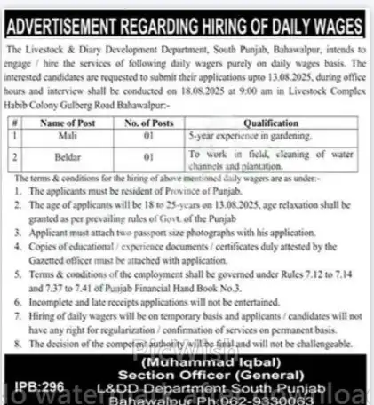 Livestock And Daily Development Department Bahawalpur Jobs 2025 Advertisement