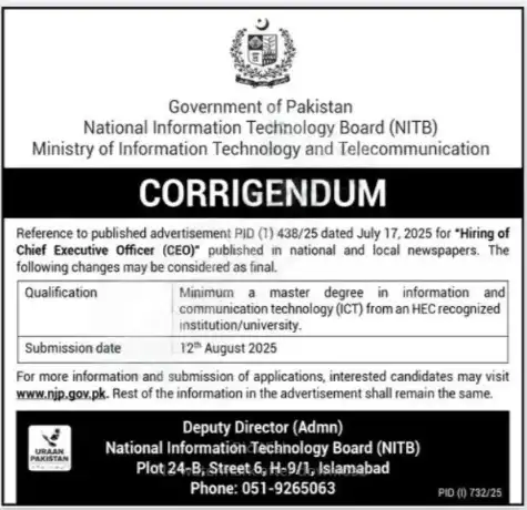 National Information Technology Board Islamabad Jobs 2025 Advertisement