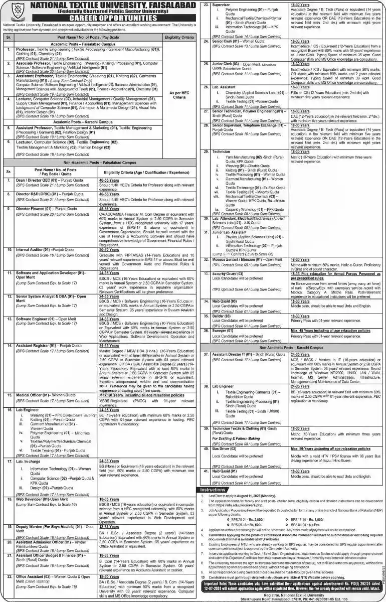National Textile University Jobs July 2025 ad
