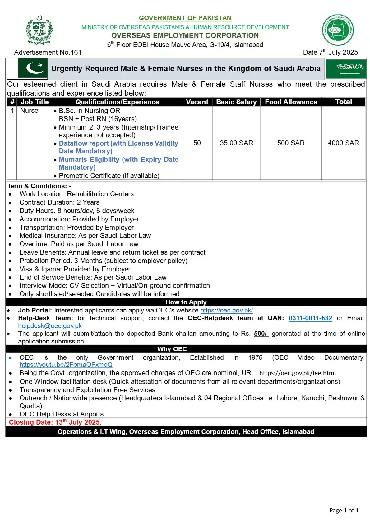 OEC Jobs for Nurses 2025 Advertisement