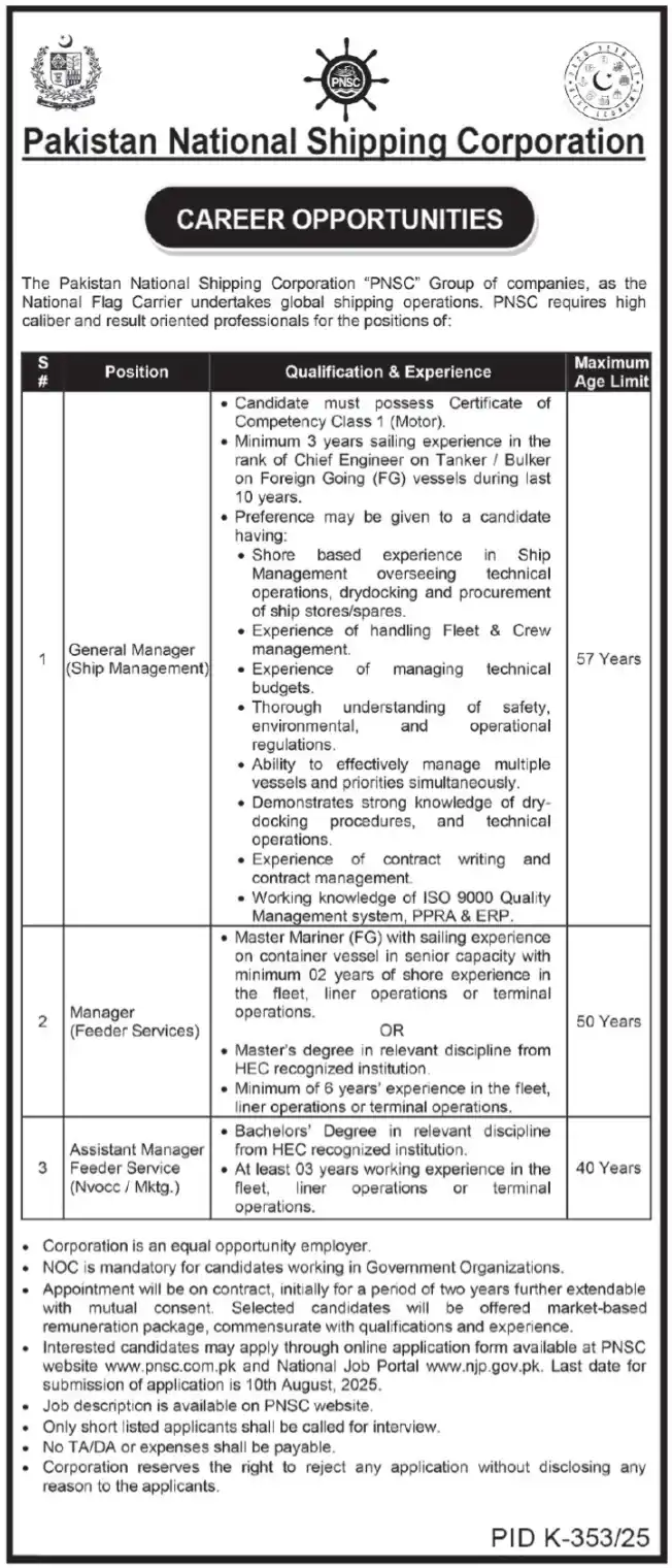 PNSC Latest Jobs 2025 Advertisement