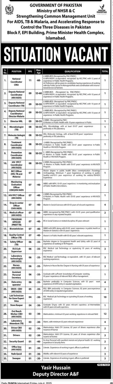 Ministry of National Health Services NHSRC Jobs 2025 Advertisement
