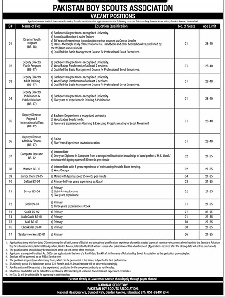 Pakistan Boy Scouts Association Jobs 2025 Advertisement