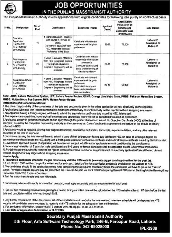 Punjab Masstransit Authority Jobs 2025 Advertisement