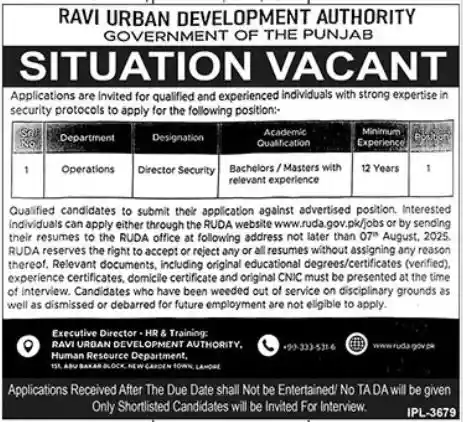 Ravi Urban Development Authority Lahore Jobs 2025 ad