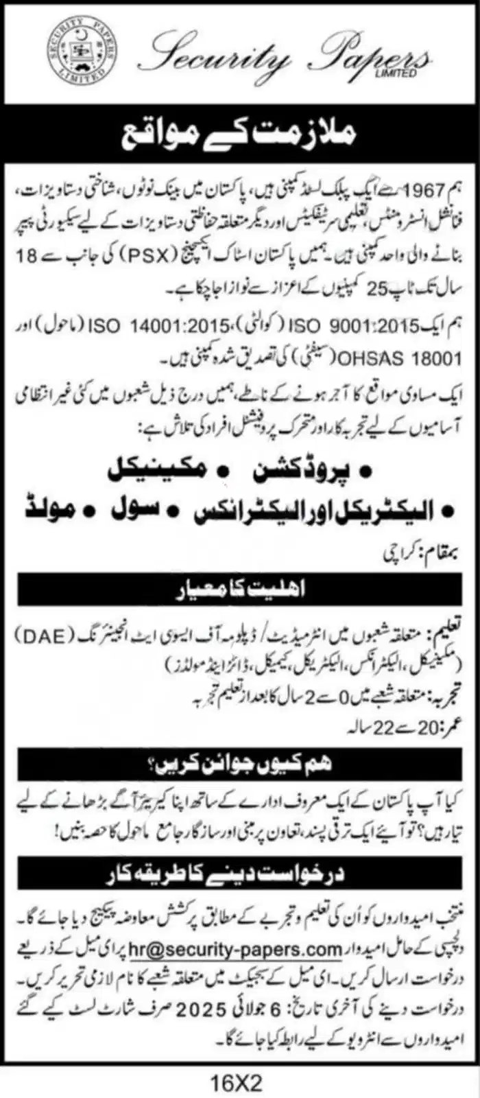 Security Papers Limited Jobs 2025 Advertisement