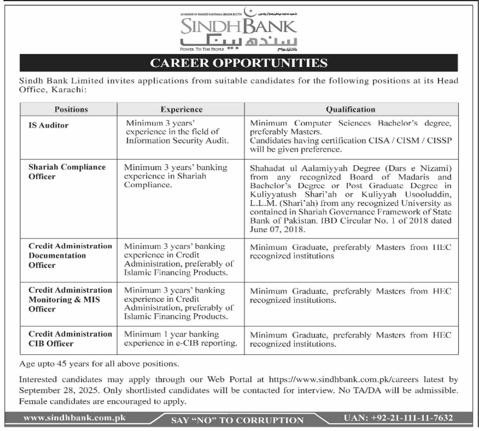 Sindh Bank Limited Jobs 2025 Advertisement