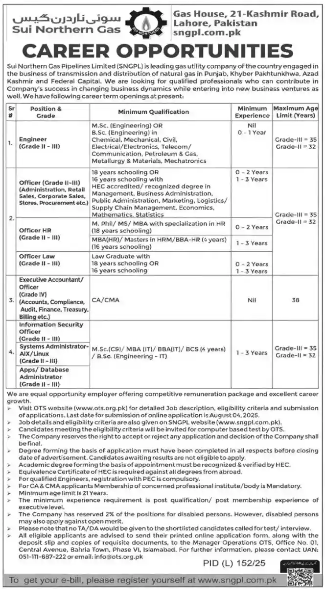 Sui Northern Gas Pipelines Ltd SNGPL Jobs July 2025 ad