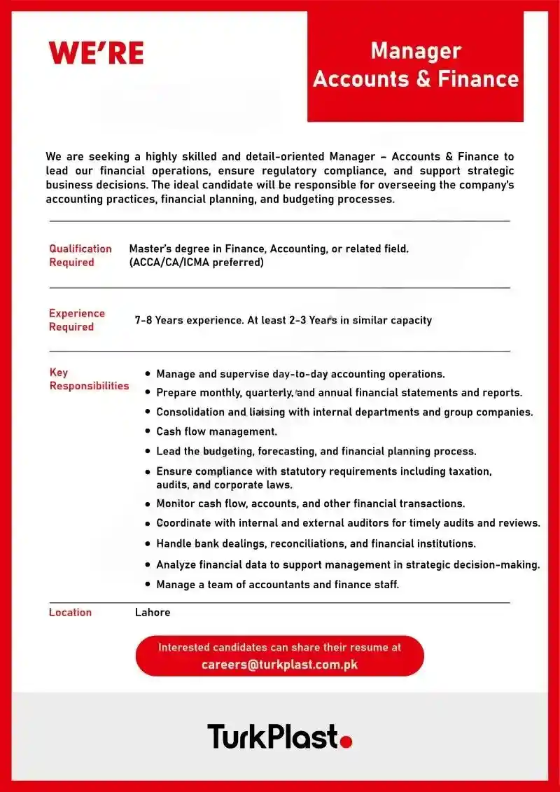 TurkPlast Pvt Ltd Jobs Manager Accounts & Finance 2025 ad