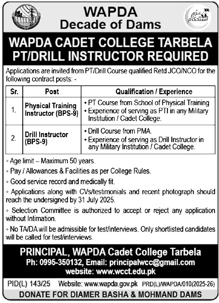 WAPDA Cadet College Tarbela Jobs 2025 ad