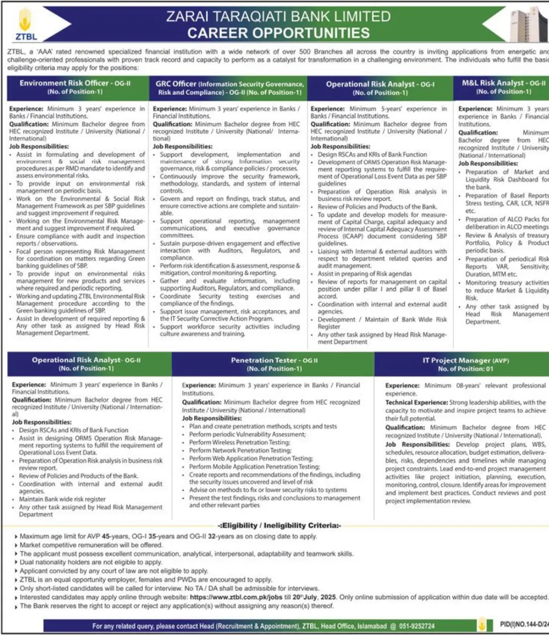 Zarai Taraqiati Bank Limited ZTBL Islamabad Jobs 2025 Advertisement