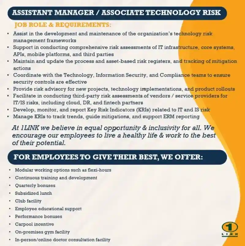 1Link Pvt Ltd Jobs Assistant Manager Associate Technology Risk 2025 ad