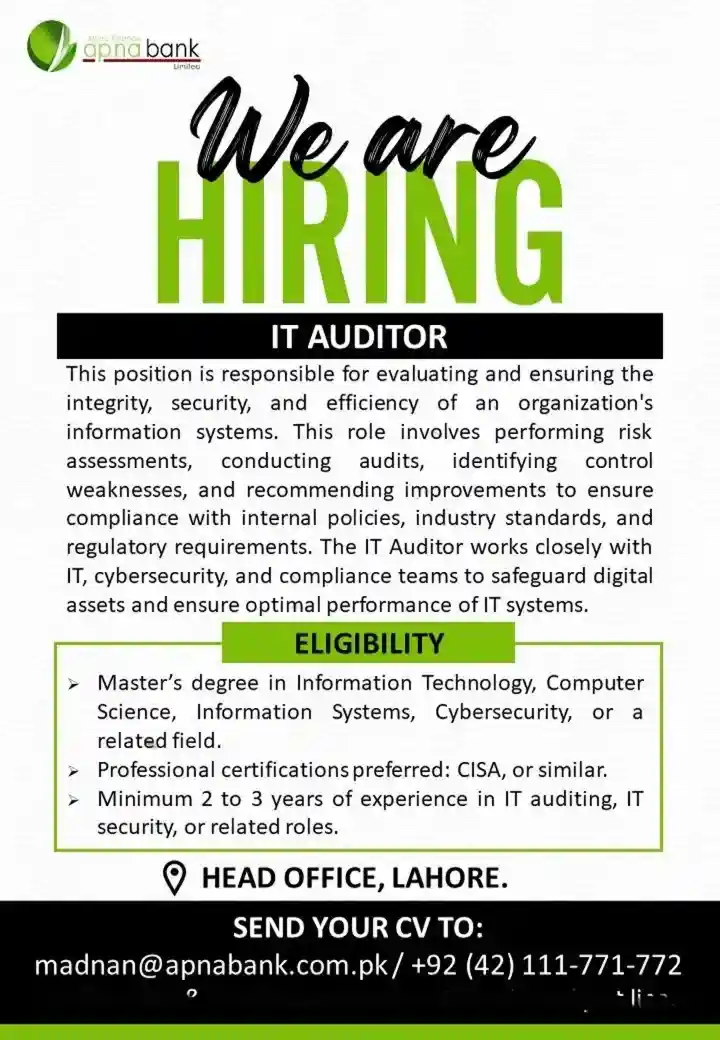 APNA Microfinance Bank Limited Jobs IT Auditor 2025 ad