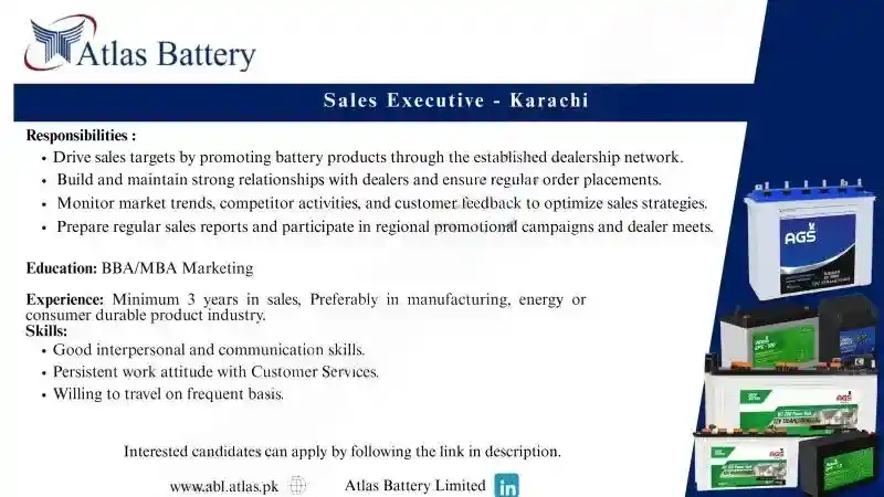 Atlas Battery Jobs Sales Executive 2025 ad