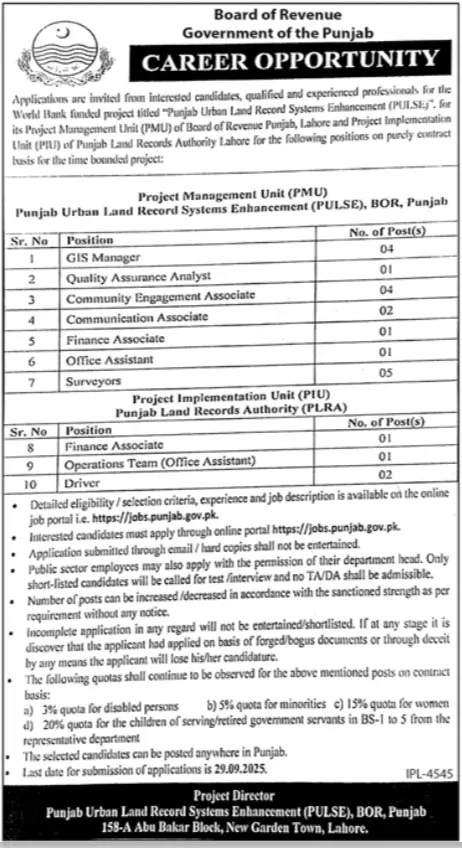 Board of Revenue BOR Punjab Jobs in 2025 Advertisement