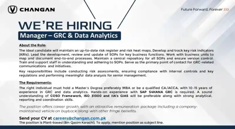 Changan Auto Jobs Manager GRC & Data Analytics 2025 ad