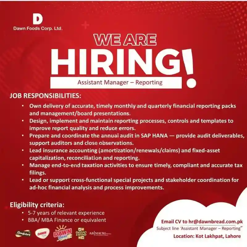 Dawn Foods Corp Ltd Jobs Assistant Manager Reporting 2025 ad