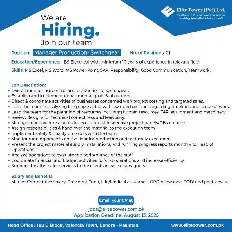 Elite Power Pvt Ltd Jobs Manager Production Switchgear 2025 ad