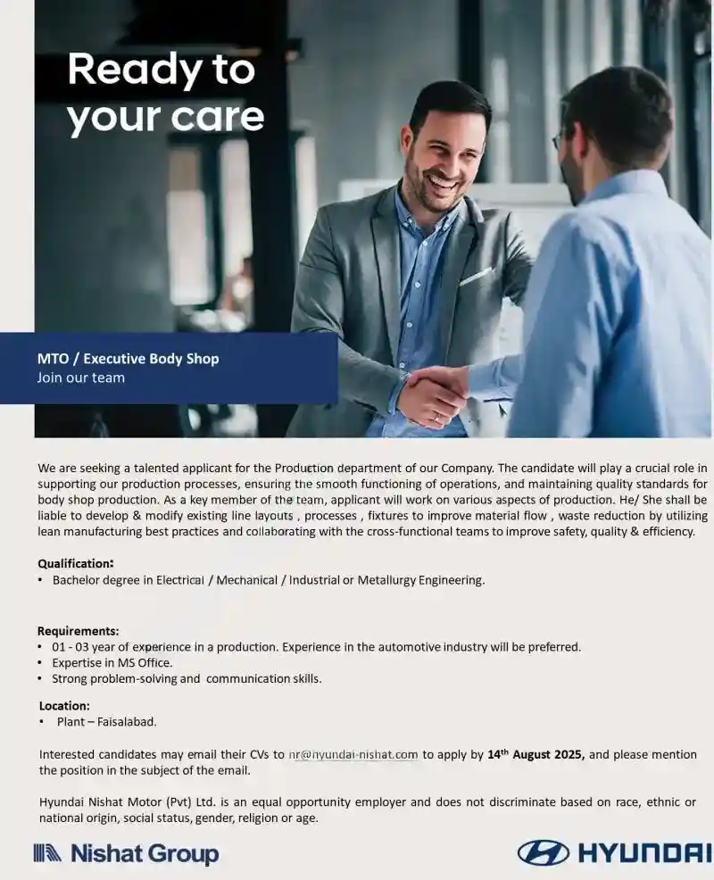 Hyundai Nishat Motor Pvt Ltd Jobs MTO Executive Body Shop 2025 ad