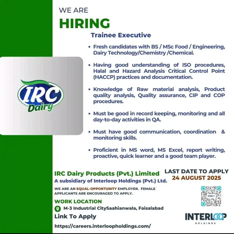IRC Dairy Trainee Executive 2025 Advertisement