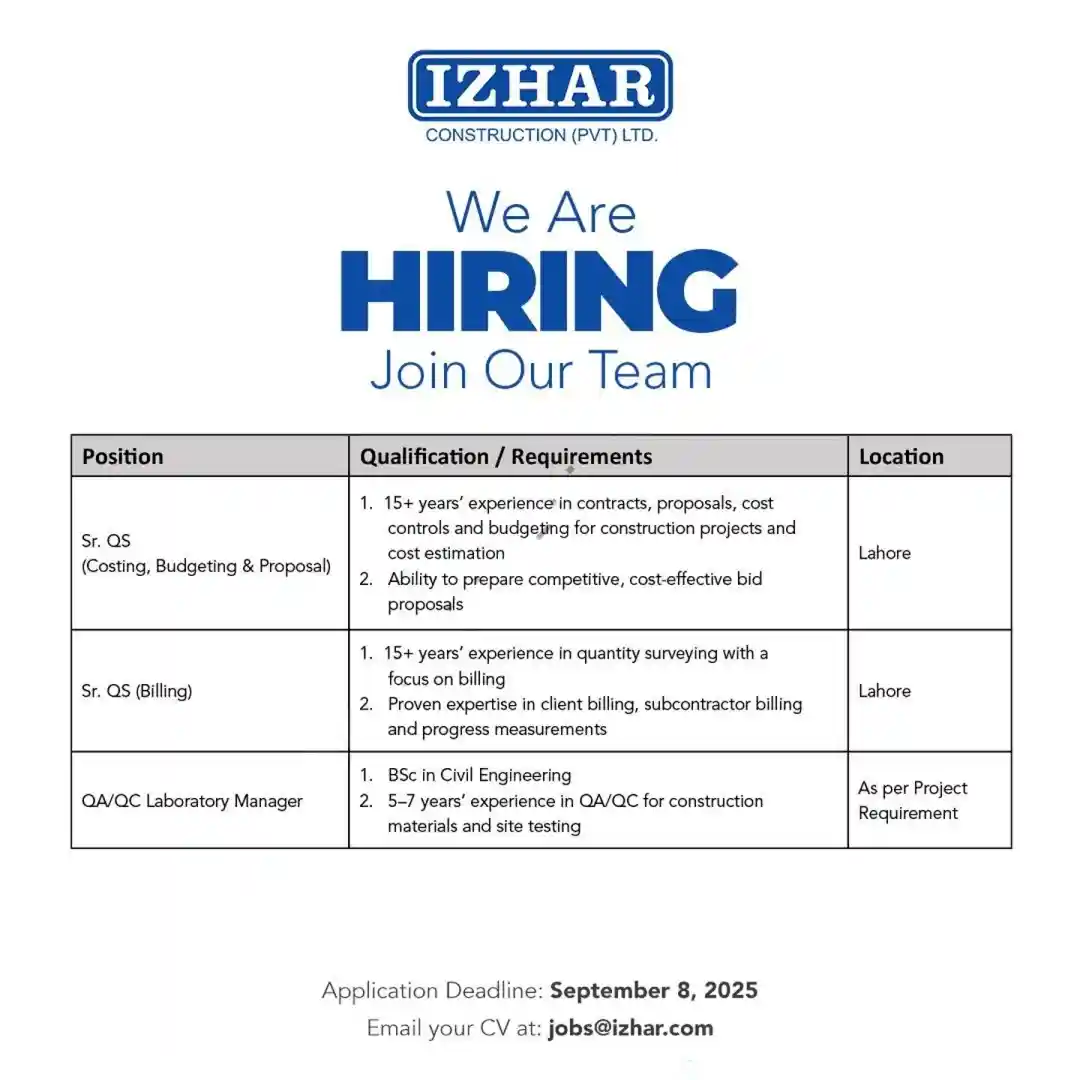 Izhar Construction Private Limited Jobs 2025 ad