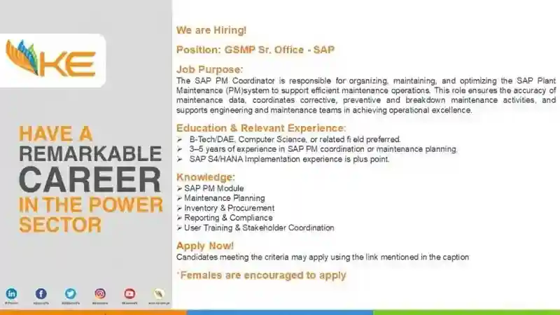 K-Electric Pvt Ltd Jobs GSMP Sr Officer SAP 2025 ad