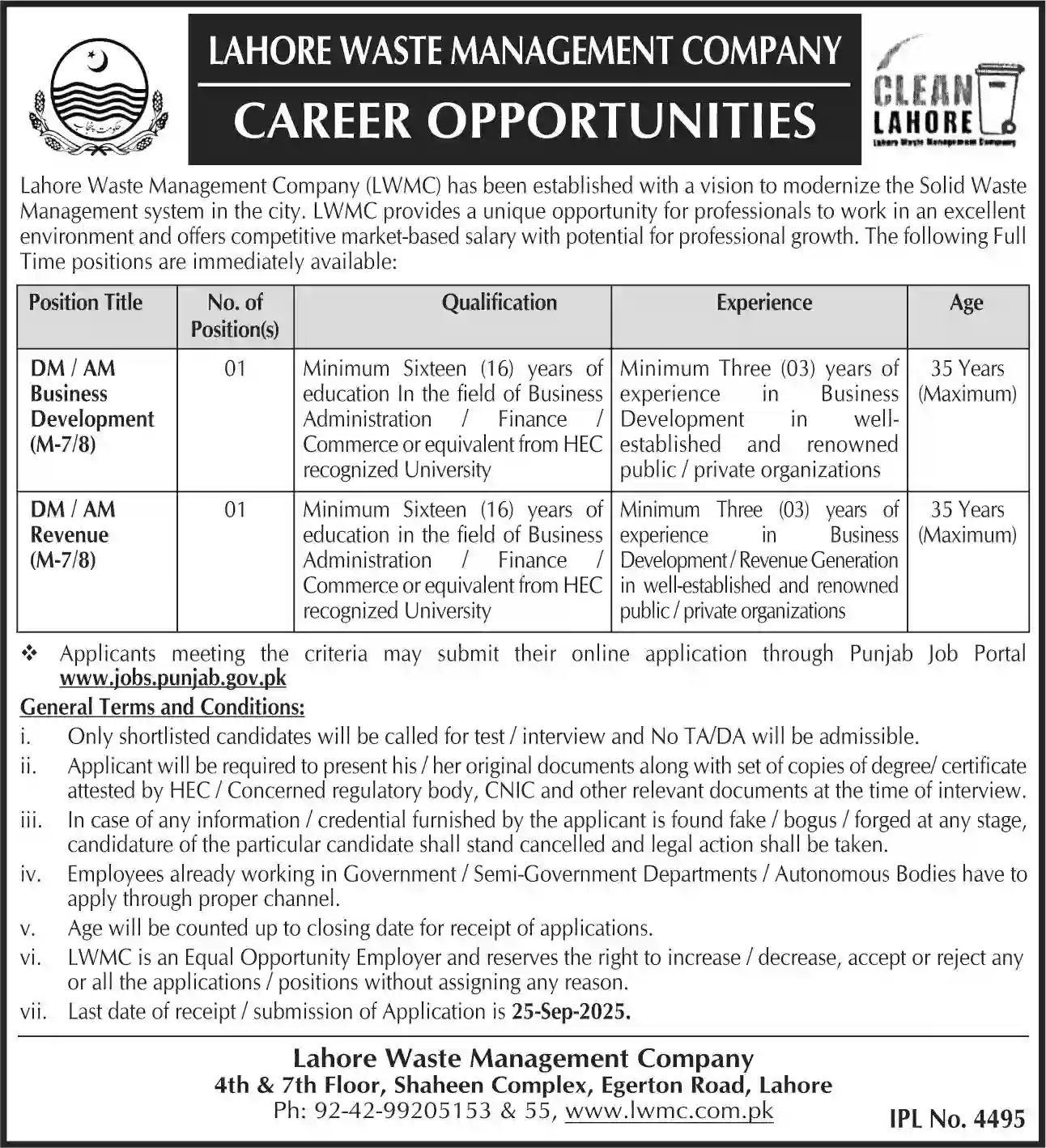 Lahore Waste Management Company LWMC Jobs in 2025 Advertisement