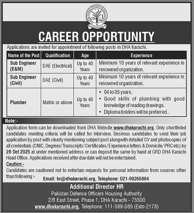 Defence Housing Authority DHA Karachi Jobs 2025 Today Advertisement