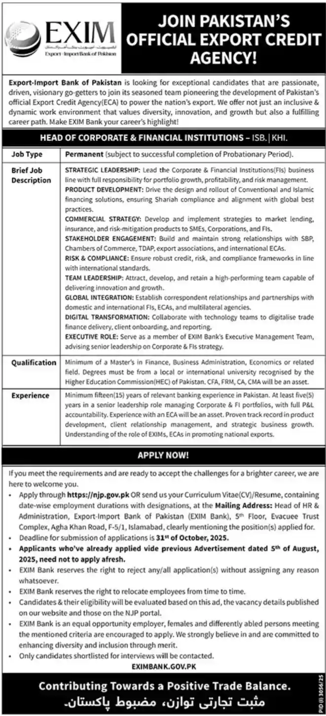 EXIM Head of Corporate Jobs 2025 Advertisement