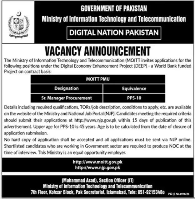 Ministry of Information Technology and Telecommunication MOITT Jobs 2025 Advertisement